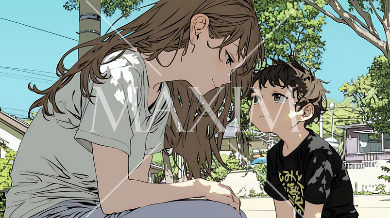 幼い我が子の悩みの相談にのっている母親