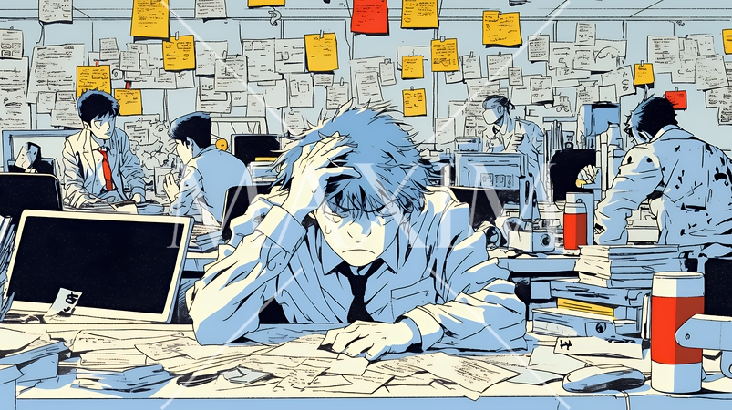 深夜残業で疲弊する会社員｜過労とストレスに悩むビジネスパーソン（ブラック企業イメージ）