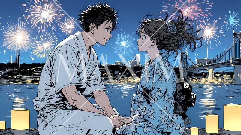 打ち上げ花火を見ている若いカップル