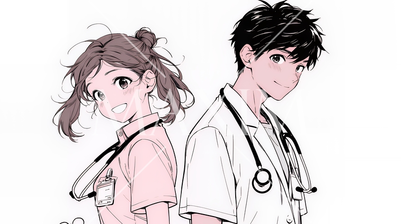 メディカルスタッフ：医師と看護師が打ち合わせ（シンプルな色使い）