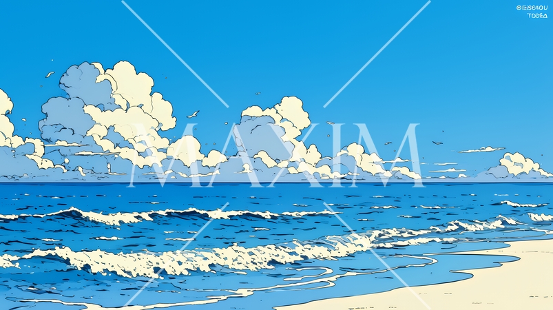 夏の青い空と青い海と白い雲のコントラスト