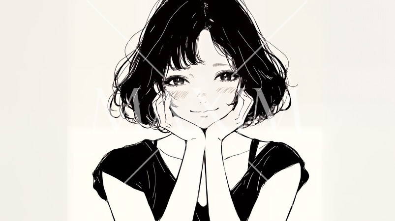 悲しげな目で微笑む（Smiling with sad eyes）若い女性（シンプルな色使い）