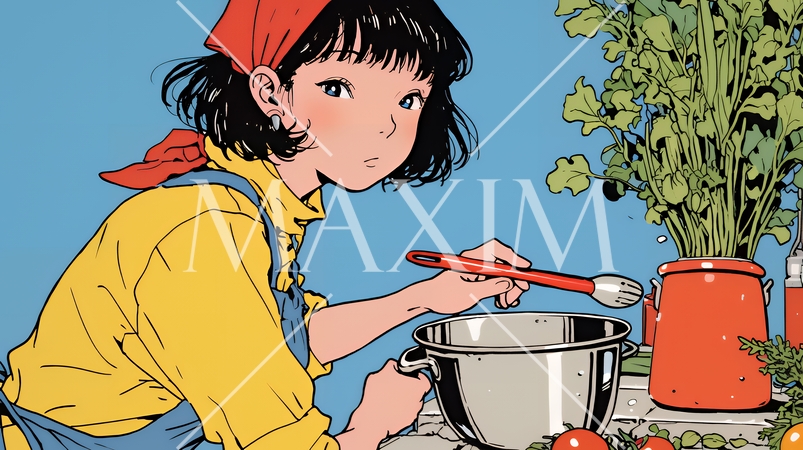 なれない料理に奮闘中の若い女性