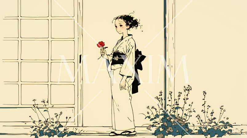 浴衣姿で夕涼みをしている若い女性（シンプルな色使い）