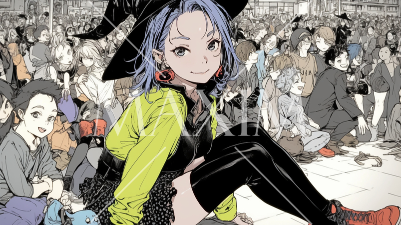 仲間とハロウィンイベントに参加する若い女性