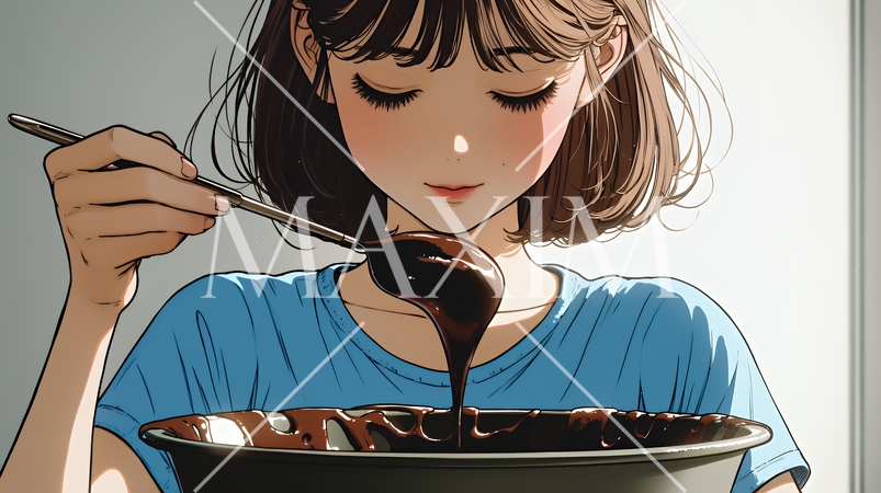 バレンタインプレゼント用のチョコレートを一生懸命作っている若い女性