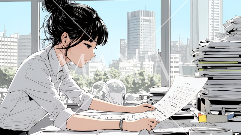 オフィスのデスクで、入念に書類をチェックする女性