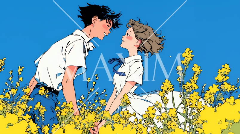 菜の花畑でデートをしている若いカップル