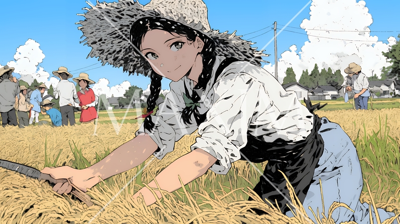 田んぼで農作業をしている女性