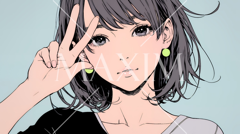 笑顔でピースサインを見せる若い女性