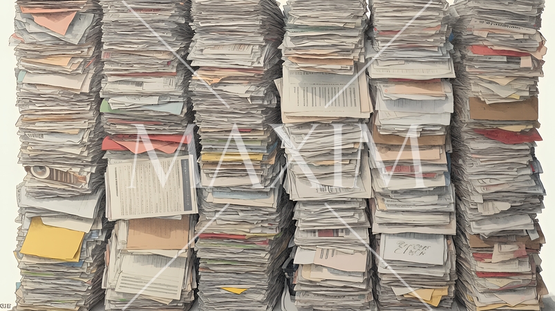 机の上に書類が山のように積まれている：書類整理ができていない状態