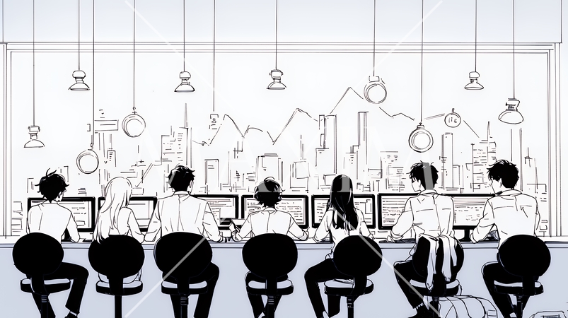 チームでマーケットデータ解析を行っているビジネスパーソン（シンプルな色使い）