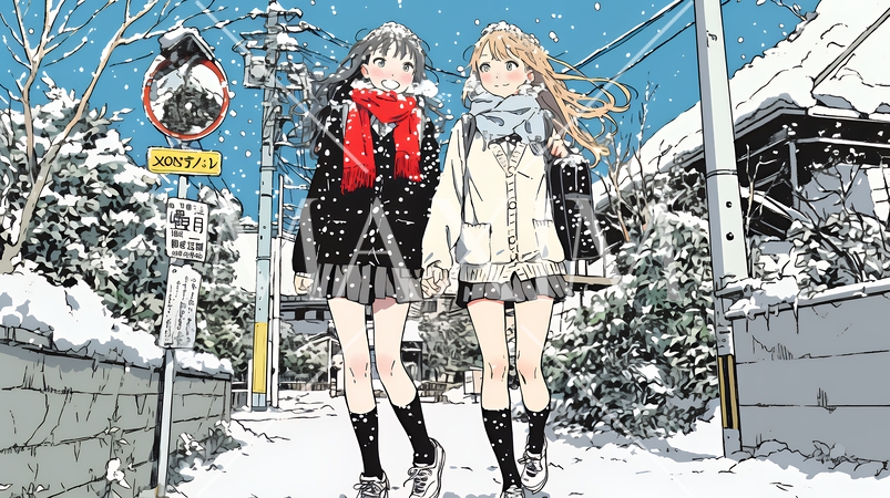 雪の日に友達と通学する女子高生