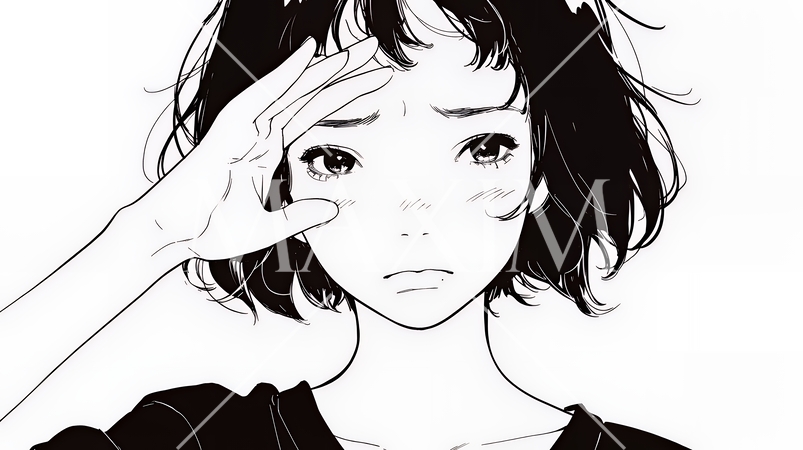 額に手を当てて「困ったな」ポーズをしている若い女性（シンプルな色使い）