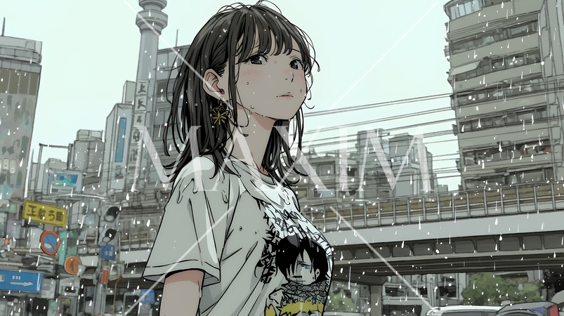 夏の急な雨でびしょ濡れの若い女性