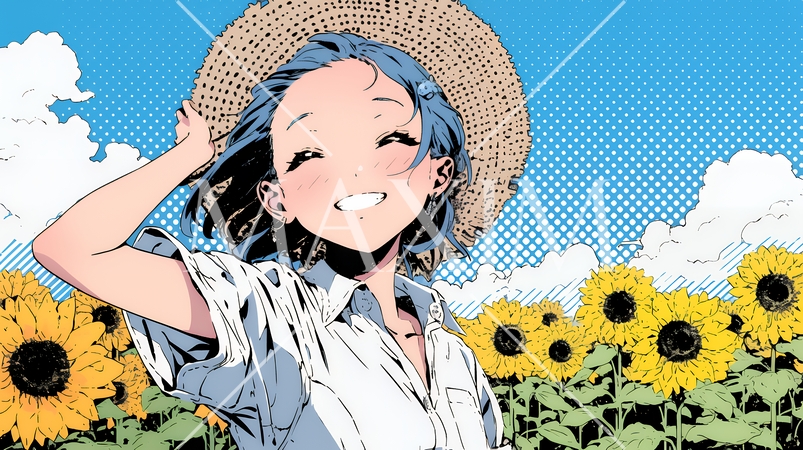 夏の晴天の日、ひまわりの畑を散策している若い女性