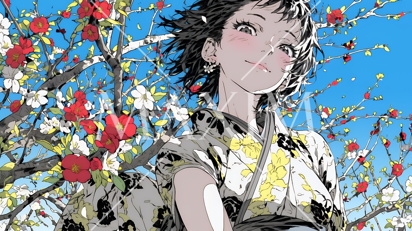 満開の梅の花と和服姿の若い女性