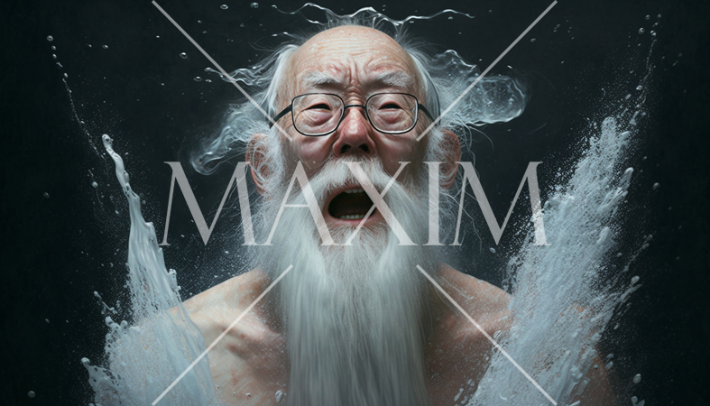 年寄りの冷や水：気持ちよさそうに冷たい水を浴びている老人。顔はちょっと我慢の様子がうかがえます。