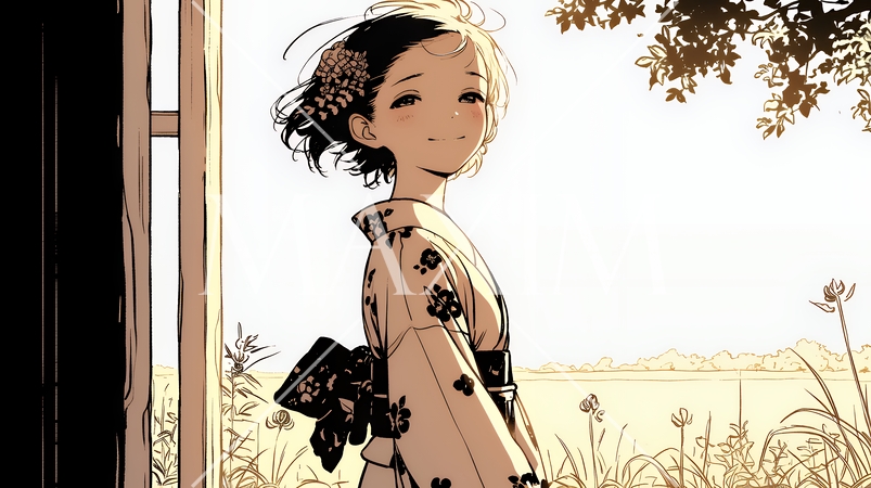 浴衣姿で夕涼みをしている若い女性（シンプルな色使い）