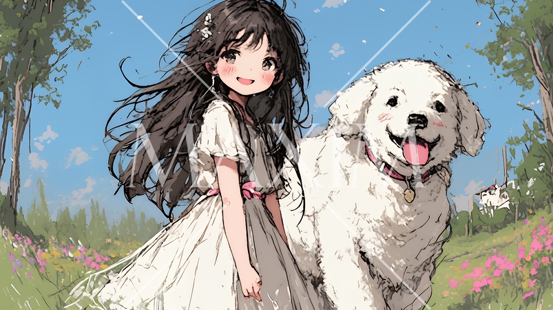 愛犬と散歩をしている女の子（クレヨン＋水彩画風）