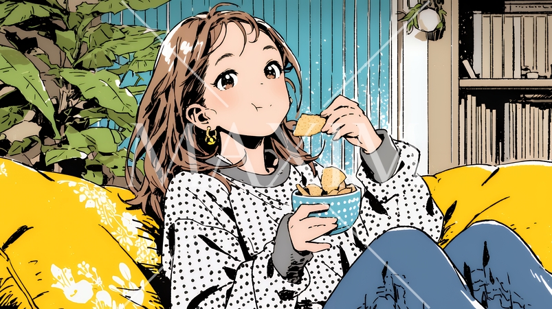 ポテトチップスをつまみながら、ひとりでビデオを観る若い女性