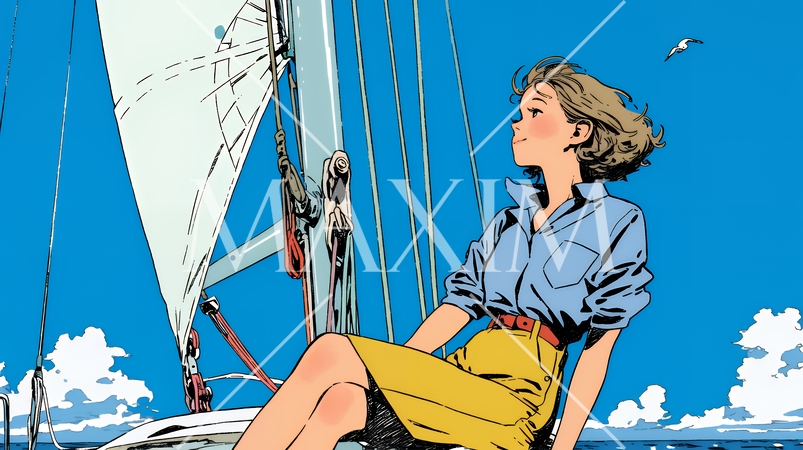 ヨットに乗っている若い女性