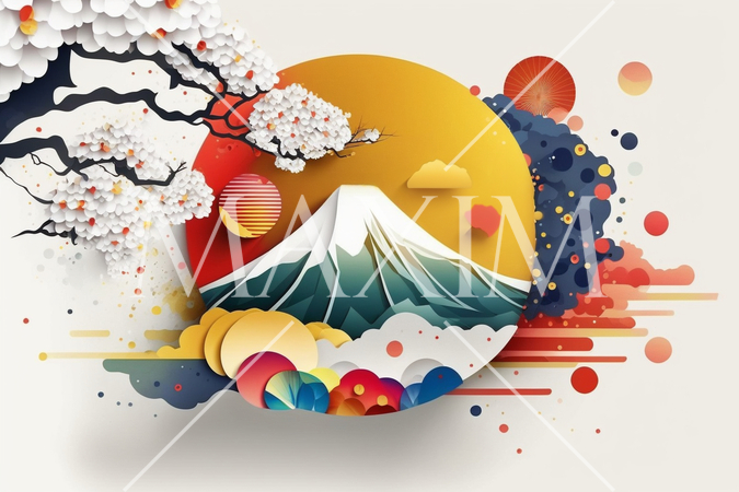 年賀状の図版：富士山、初日の出、梅、松、松竹梅