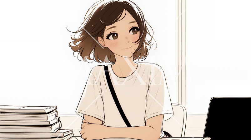 会議で発表している男性に魅了され、新しい恋の予感を抱いた若い女性（シンプルな色使い）