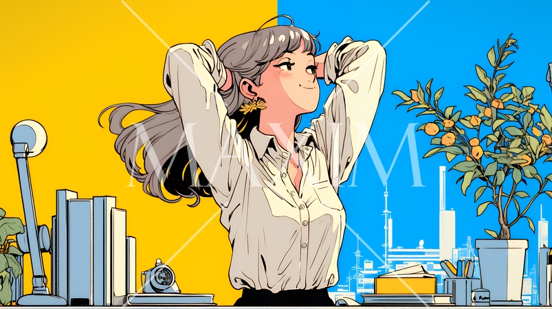 仕事の合間にストレッチ（伸び）をする女性