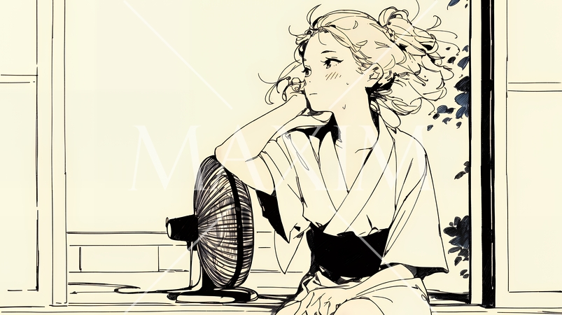 暑い夏の昼下がり、扇風機にあたって涼んでいる若い女性（シンプルな色使い）