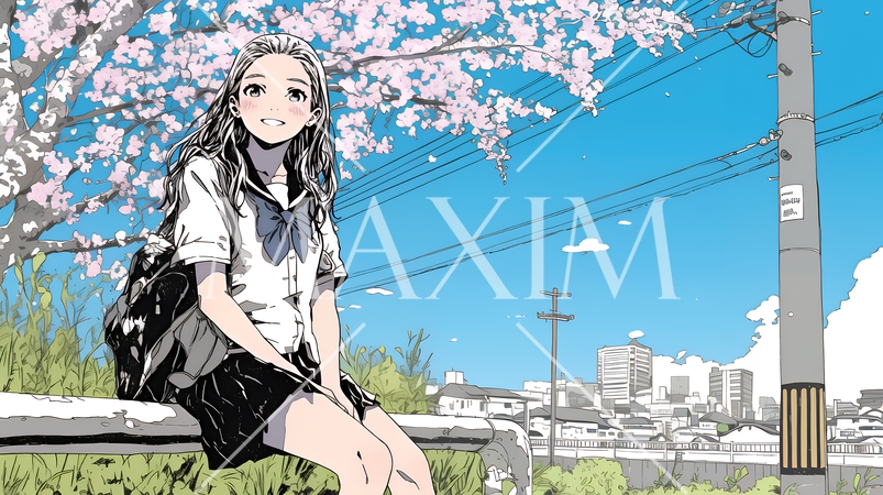 満開の桜の木の下を歩く制服姿の女子高生