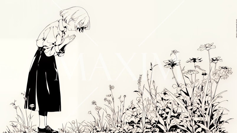 手を合わせてお祈りをしている若い女性（シンプルな色使い）