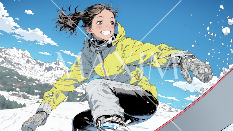 スノーボードを楽しんでいる若い女性