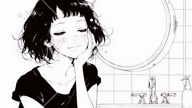 洗面所で朝の洗顔をする女性（シンプルな色使い）