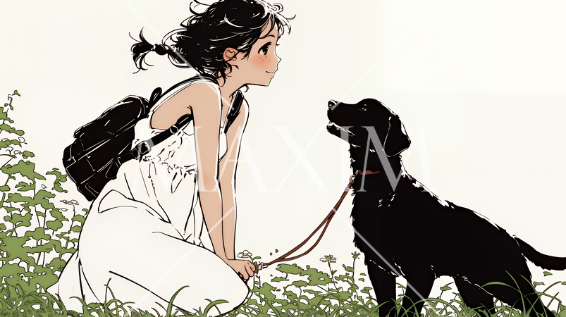 愛犬と散歩している若い女性（シンプルな色使い）