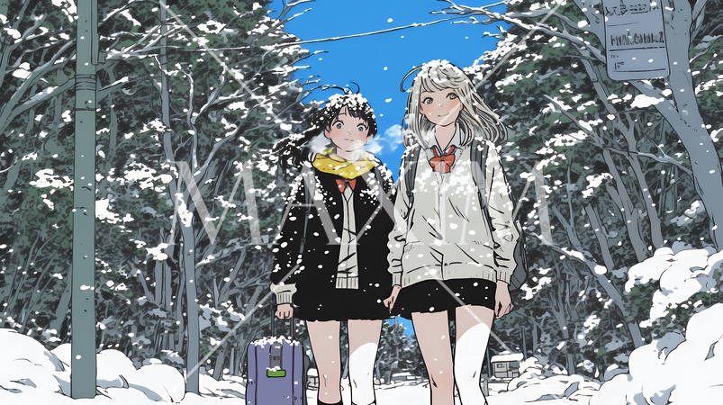 雪の日に友達と通学する女子高生