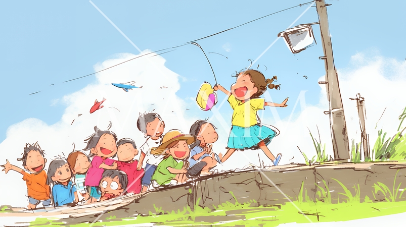 小学生の夏の思い出：みんなで近所の秘境を探検（クレヨン＋水彩画風）