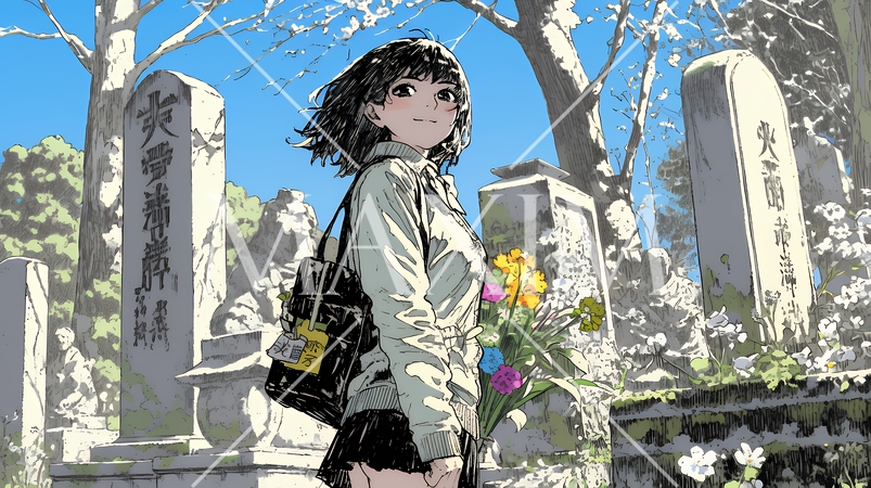 墓参りをしている若い女性