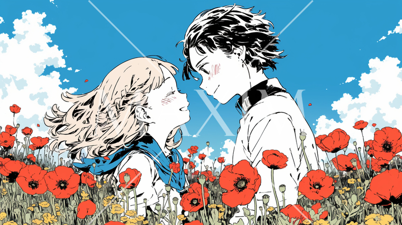 ポピー畑でデートをしている初々しい恋人たち