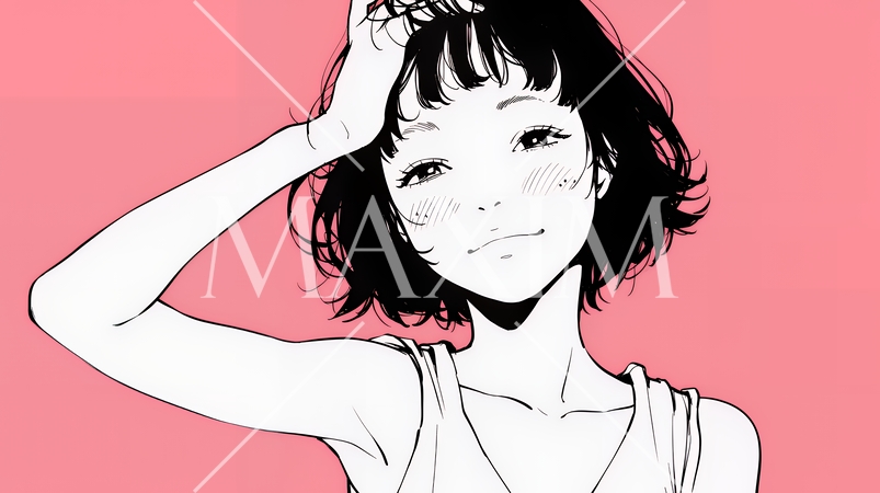 気恥ずかしそうに頭をかき、ごまかすような仕草を見せる若い女性（シンプルな色使い）