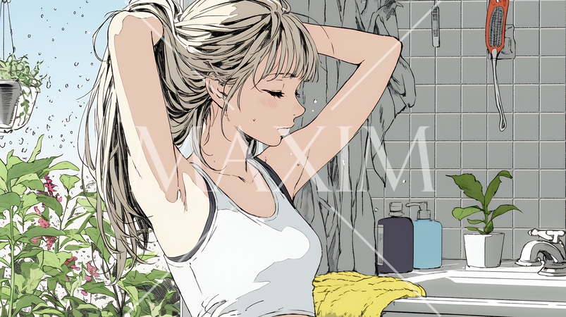 朝支度：洗面所で髪をまとめている若い女性