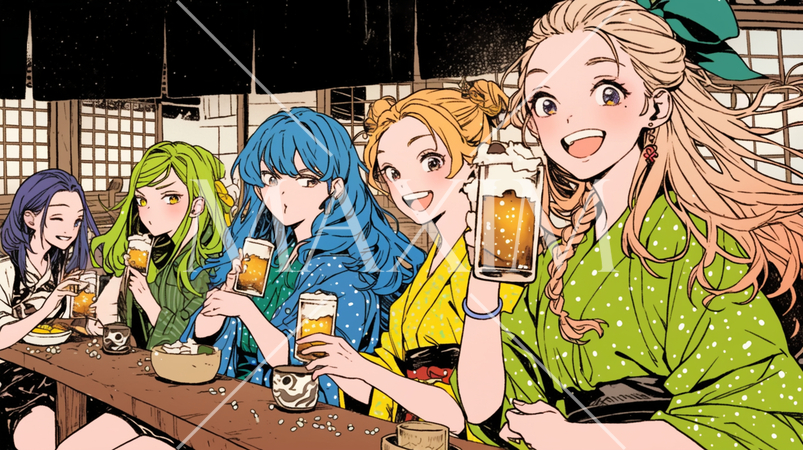 女子会：気の合う女友達が集まり、酒を交わし、おいしい食事をしながら、仕事の話や恋バナをしている