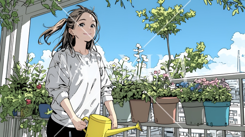 プランターの花に水やりをする若い女性｜ベランダガーデニングと自然を楽しむ爽やかな暮らしシーン