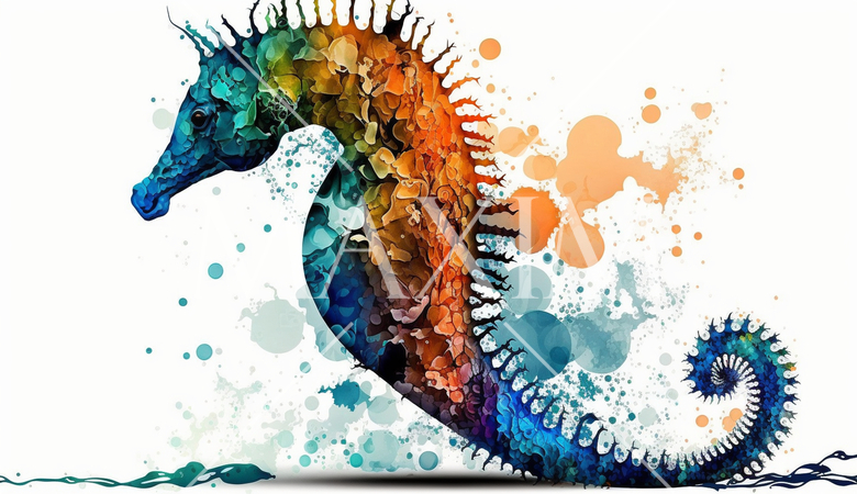 タツノオトシゴ：カラフルでサイケデリックでシュールレアリズム的な水彩画