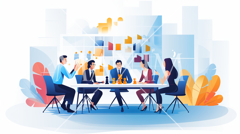 ビジネス戦略会議：競合分析、市場戦略の議論。