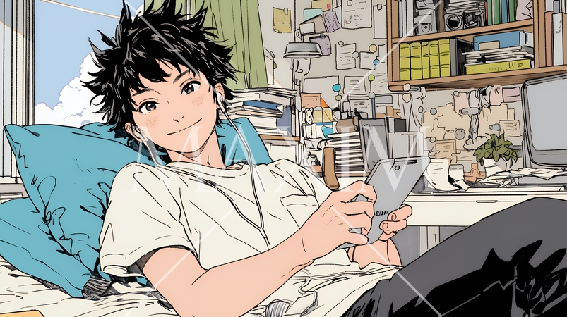 自宅の部屋でスマホをいじくっている若い男性