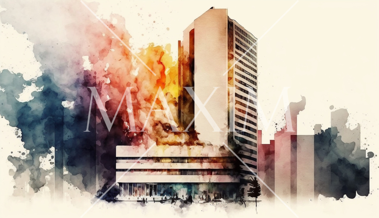 ビルの火災：水彩画