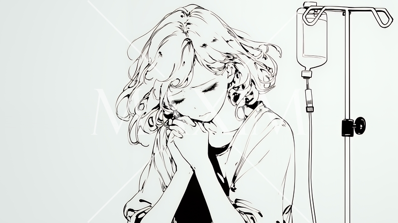 病院のベッドに腰掛けて気落ちしている女性（シンプルな色使い）