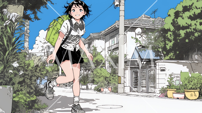 学校に遅れそうで道を急いでいる女子高生