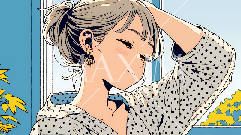 朝の目覚ましを止めて伸びをしている若い女性